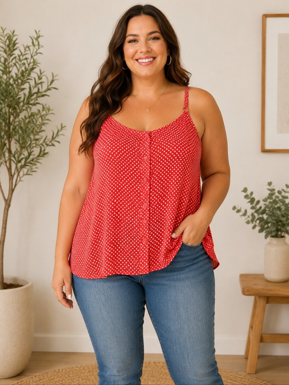 Torrid Polka Dot Tank Top Size 1 Red Button Front‎ Cami Flowy